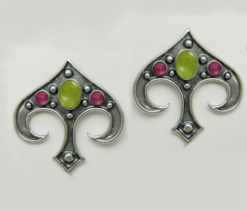 Sterling Silver Gothic Inspired Drop Dangle Earrings With Peridot And Pink Tourmaline